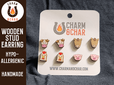Farm Animal Wood Stud Earrings - Farm Fashion Earring Set - Stud Earring - Charm and Char